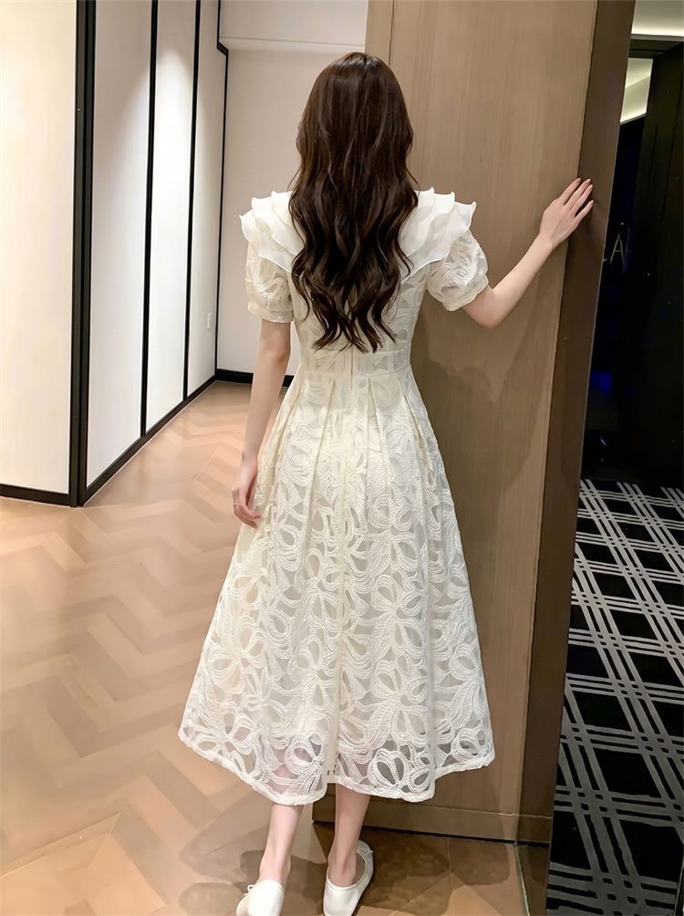 Fleur Double-Collar Lace Midi Dress