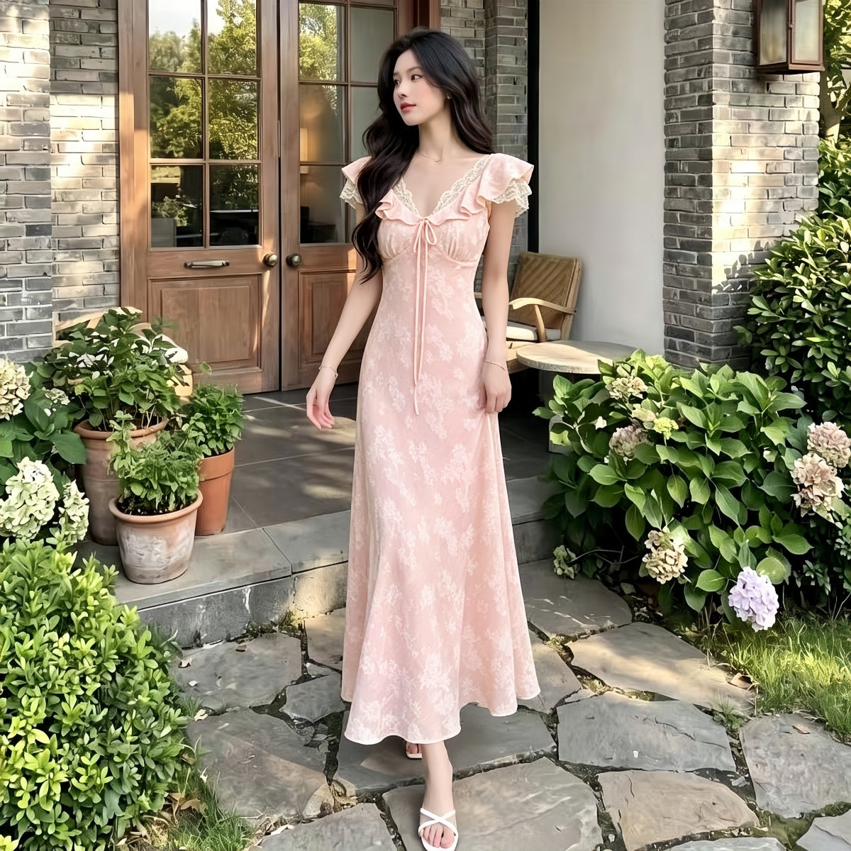 Fleur Floral Jacquard Lace-Trim Midi Dress