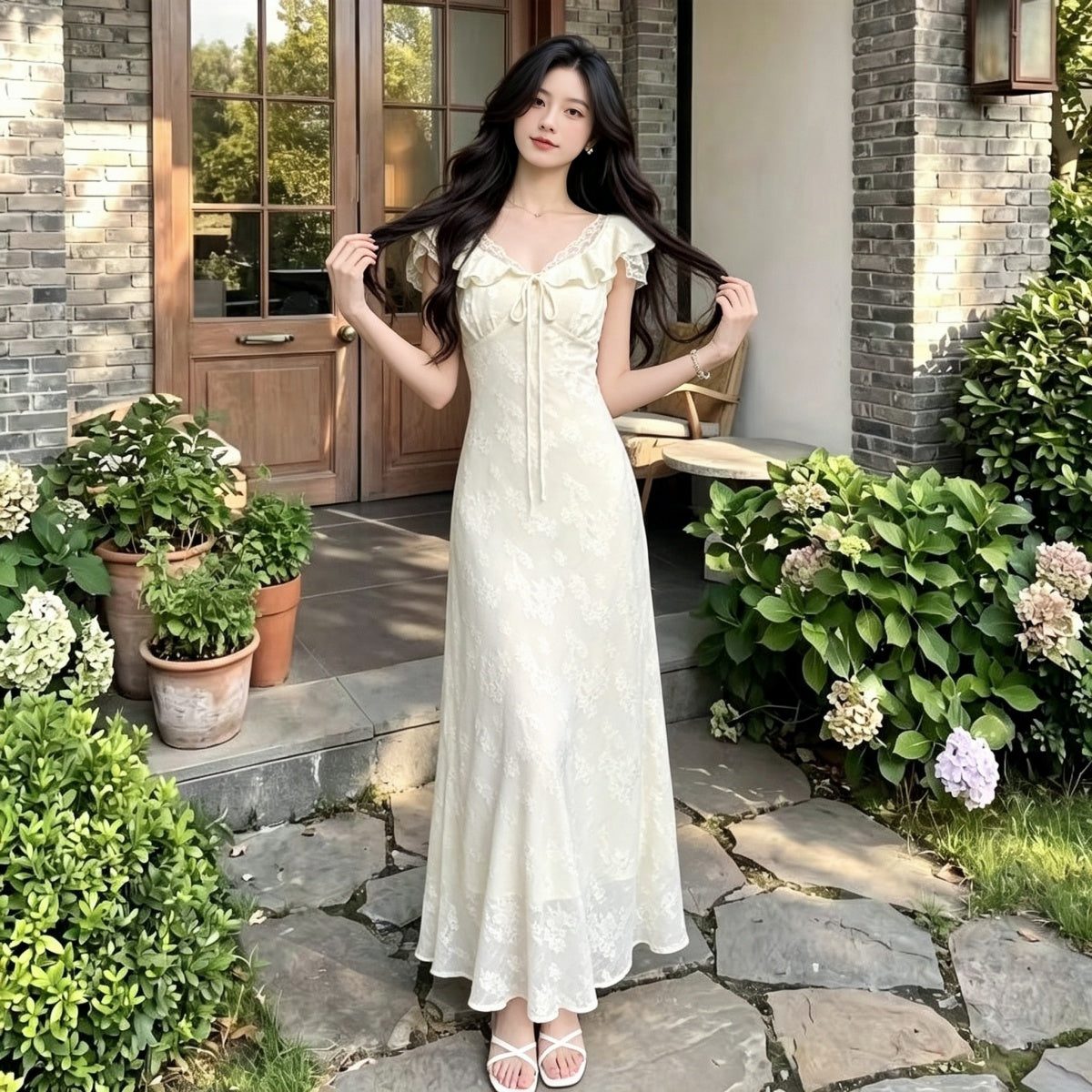 Fleur Floral Jacquard Lace-Trim Midi Dress
