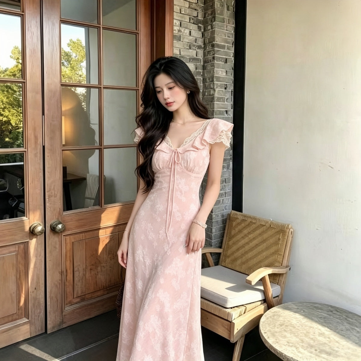 Fleur Floral Jacquard Lace-Trim Midi Dress