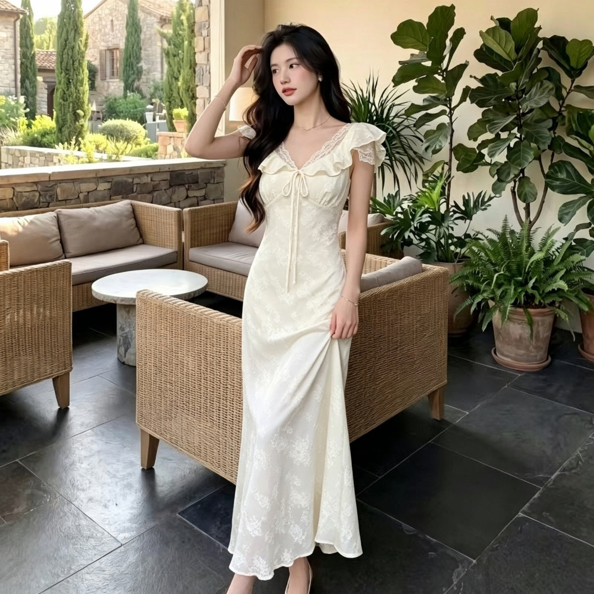 Fleur Floral Jacquard Lace-Trim Midi Dress