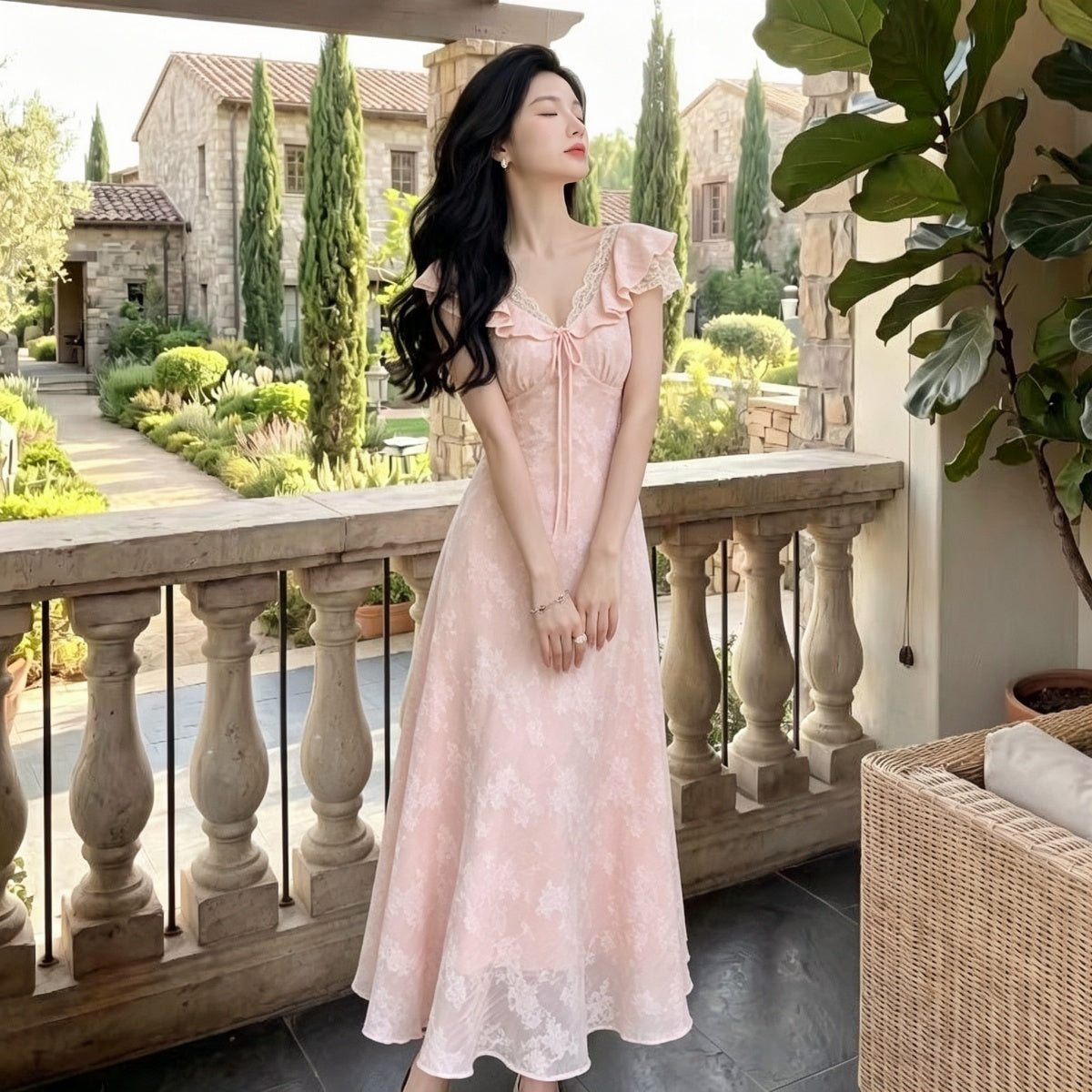 Fleur Floral Jacquard Lace-Trim Midi Dress