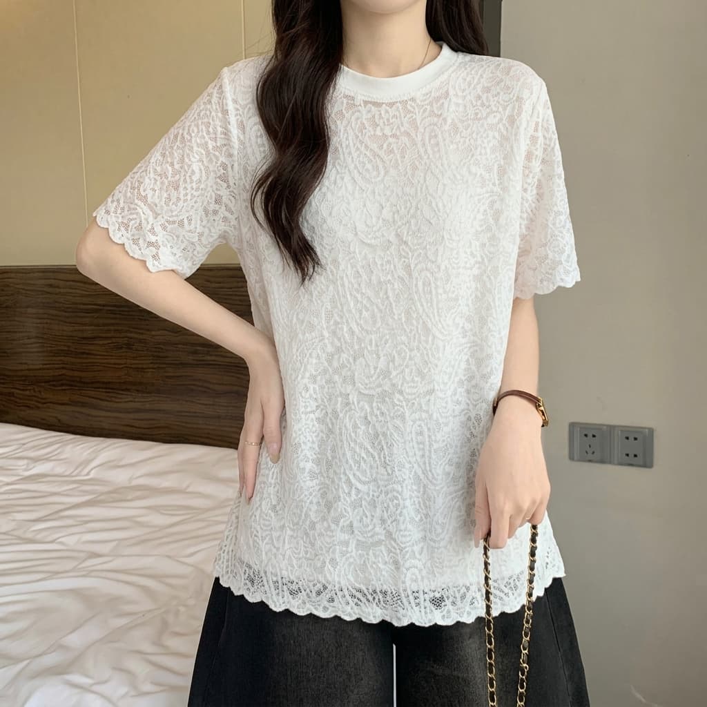 Plus Size Sheer Elegance Overlay Short Sleeve Blouse-Floral Lace