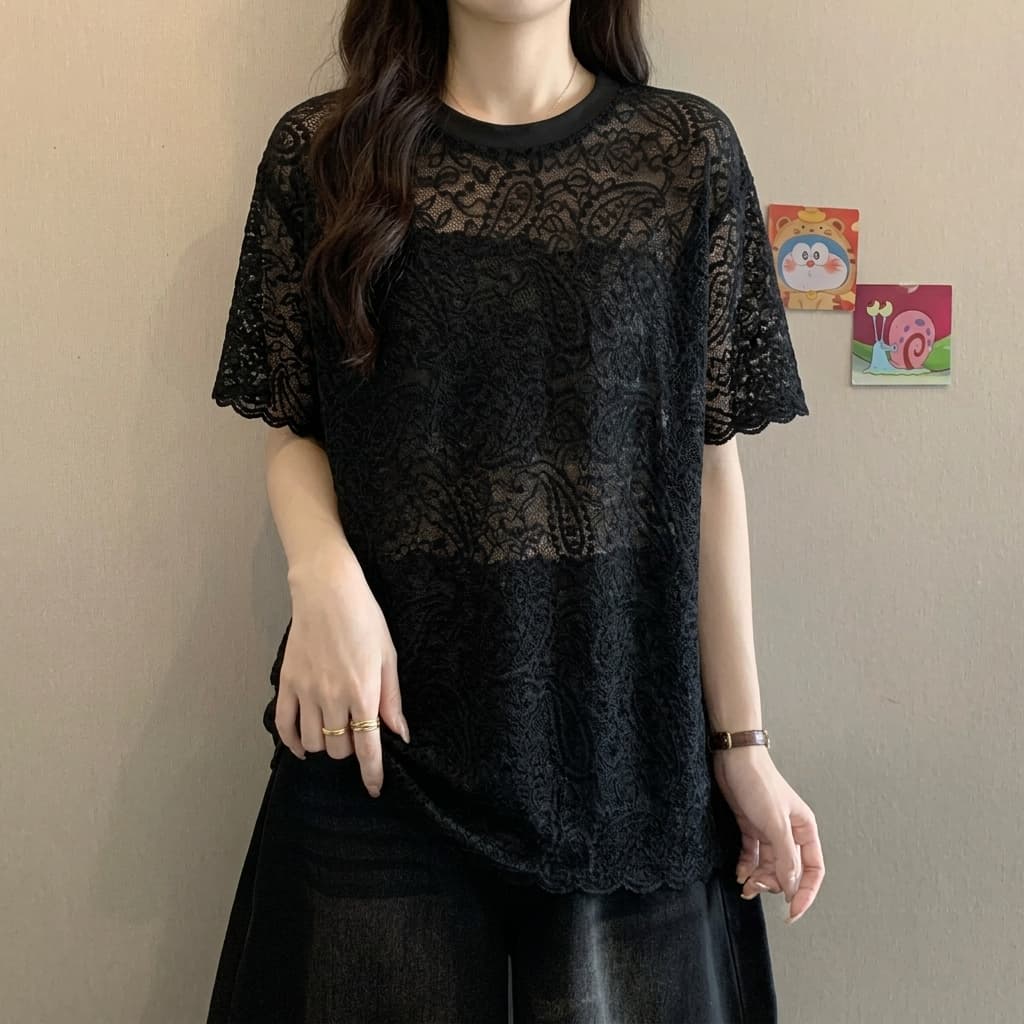 Plus Size Sheer Elegance Overlay Short Sleeve Blouse-Floral Lace