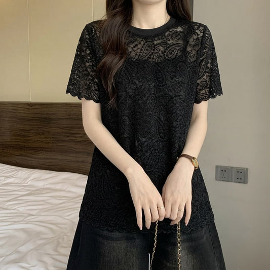 Plus Size Sheer Elegance Overlay Short Sleeve Blouse-Floral Lace