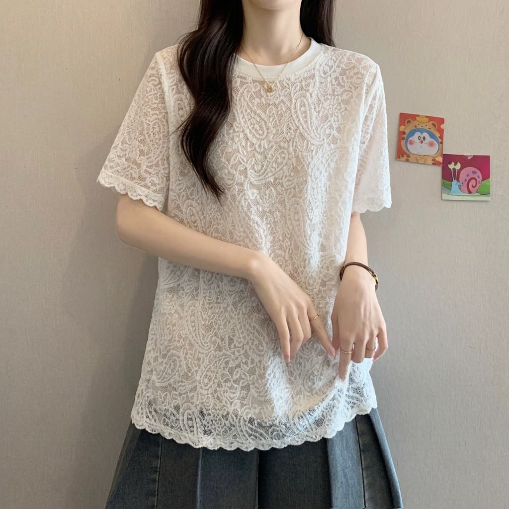 Plus Size Sheer Elegance Overlay Short Sleeve Blouse-Floral Lace