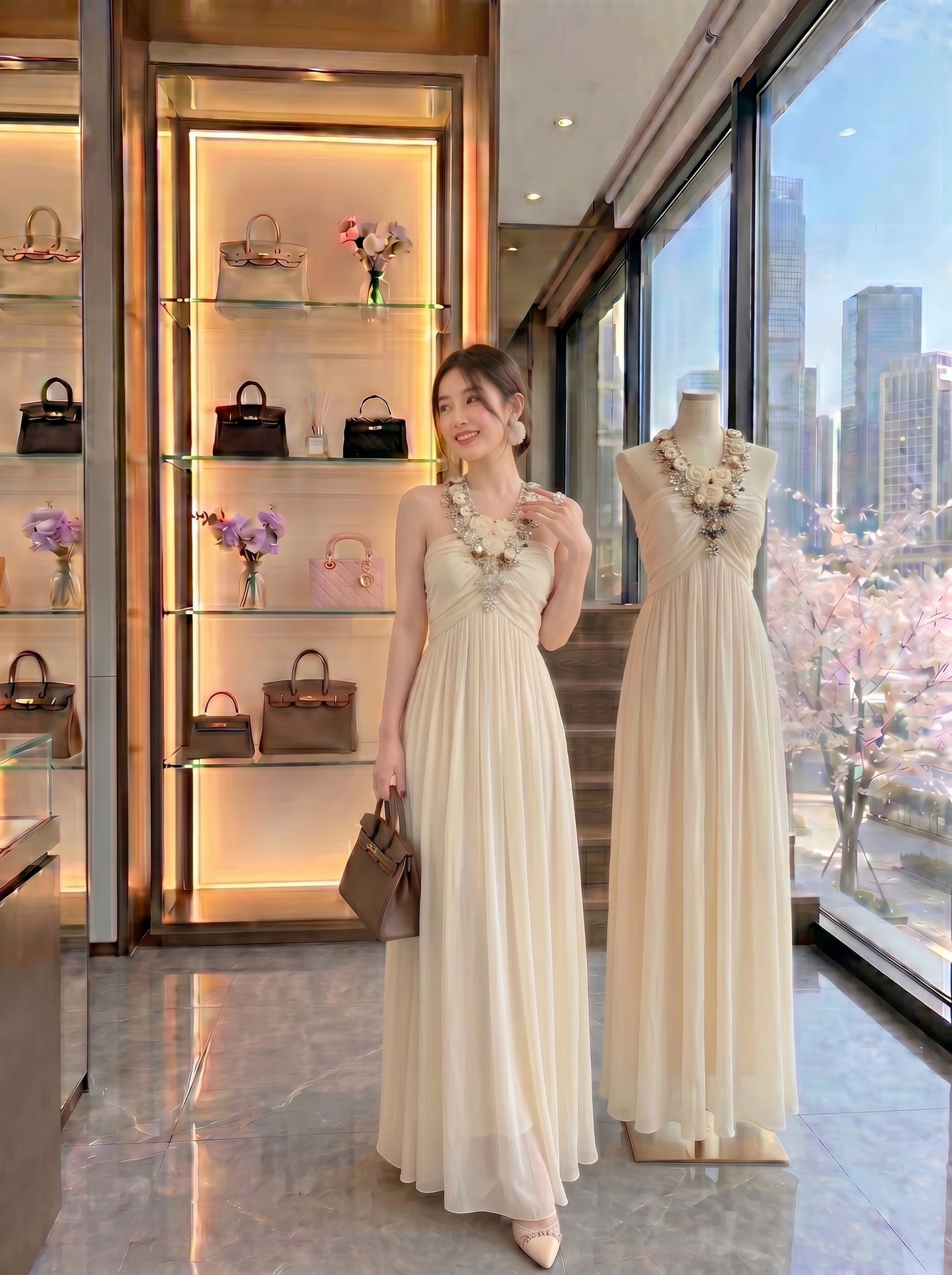 Floral Appliqué Chiffon Halter Gown