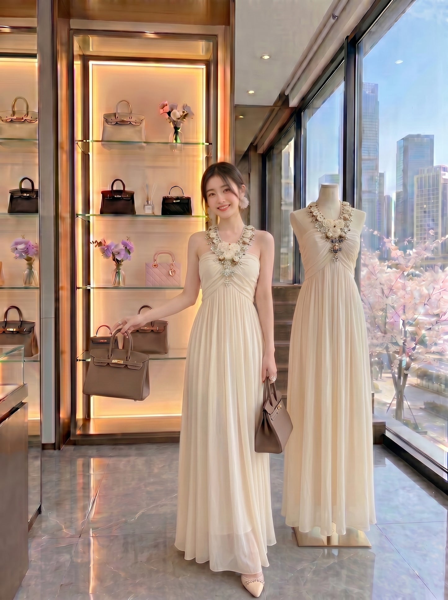 Floral Appliqué Chiffon Halter Gown