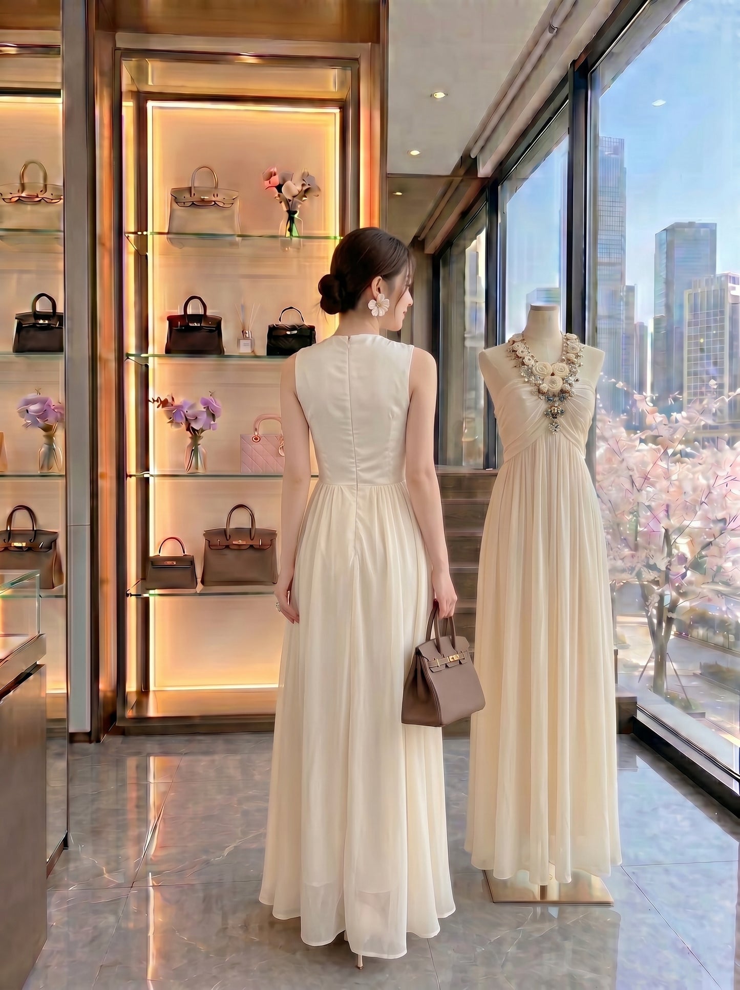 Floral Appliqué Chiffon Halter Gown