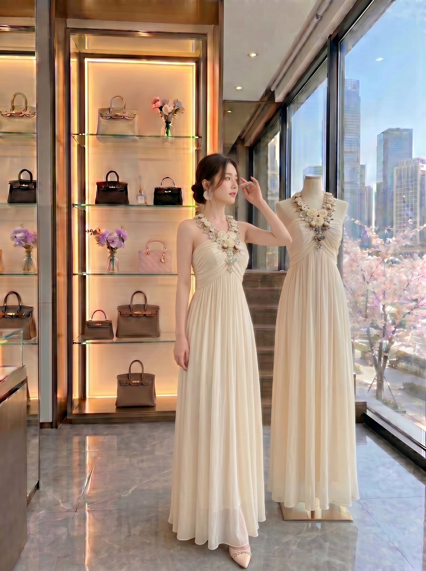 Floral Appliqué Chiffon Halter Gown