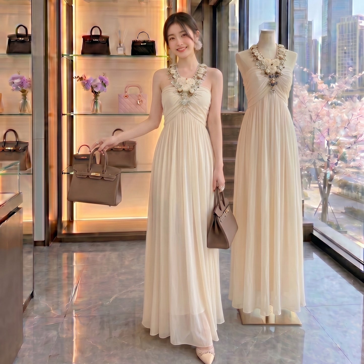 Floral Appliqué Chiffon Halter Gown