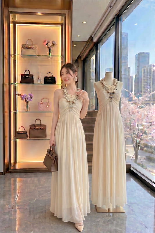 Floral Appliqué Chiffon Halter Gown