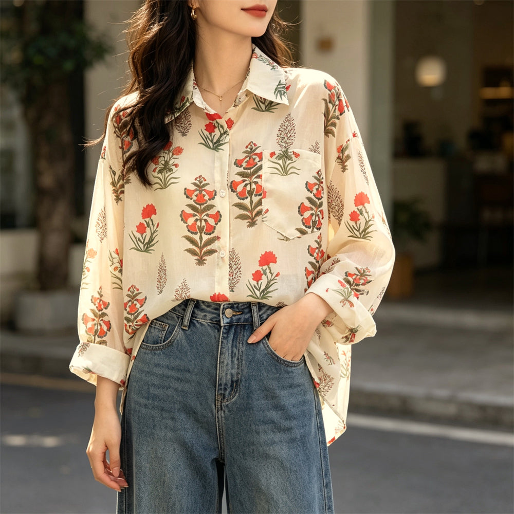 Floral Block-Print Oversized Linen Blouse