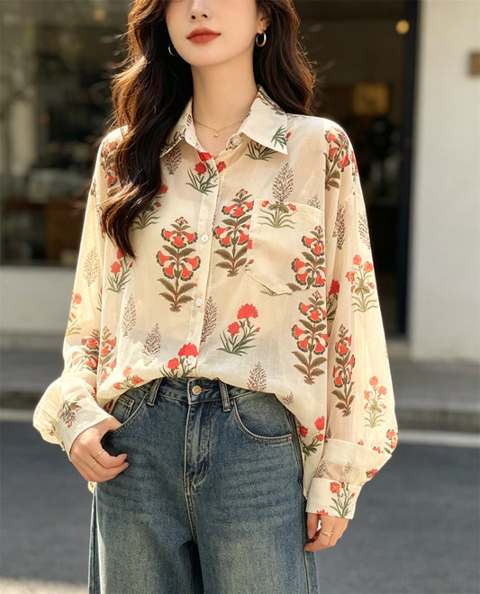 Floral Block-Print Oversized Linen Blouse