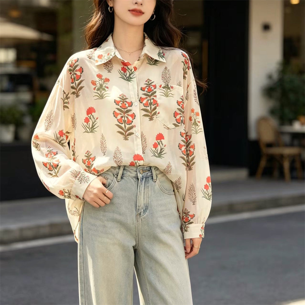 Floral Block-Print Oversized Linen Blouse