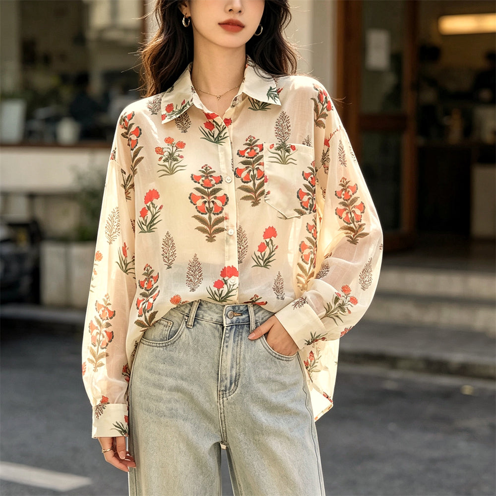 Floral Block-Print Oversized Linen Blouse