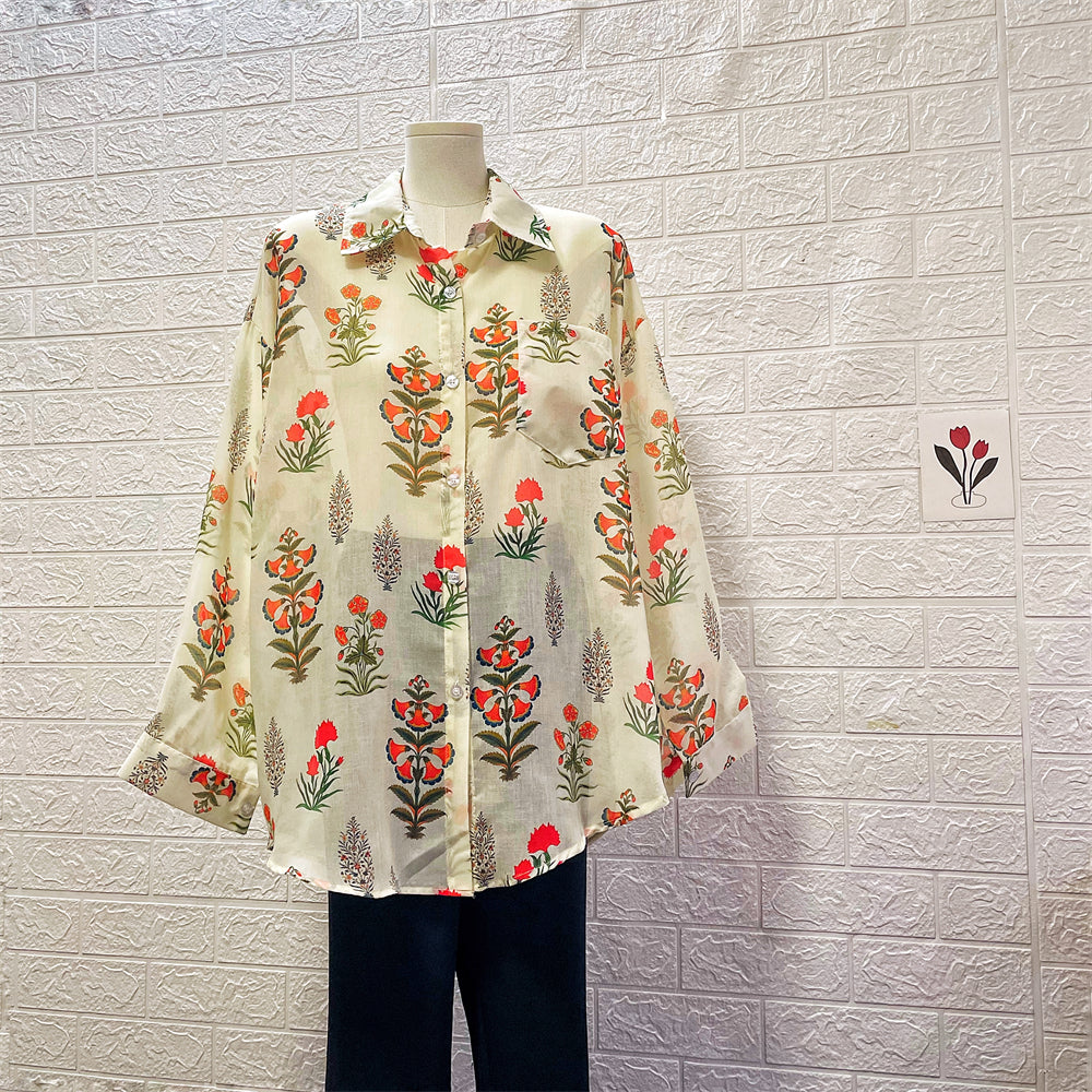 Floral Block-Print Oversized Linen Blouse