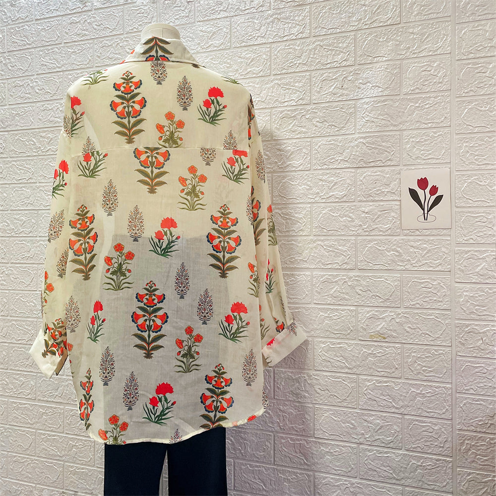 Floral Block-Print Oversized Linen Blouse