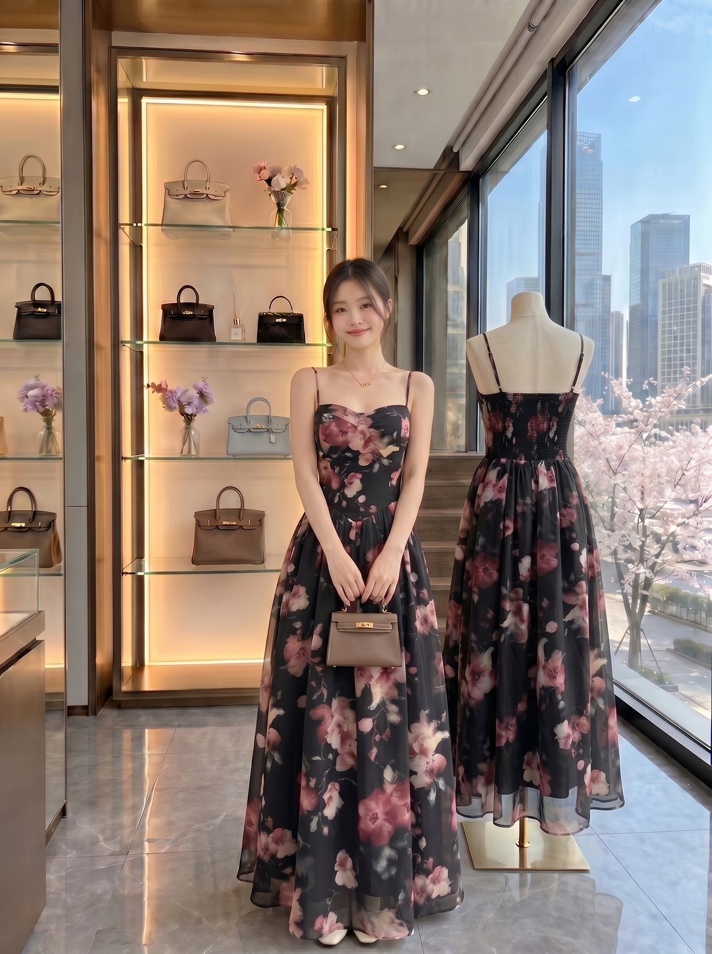 Floral Chiffon Cami Maxi Dress with Corset Waist