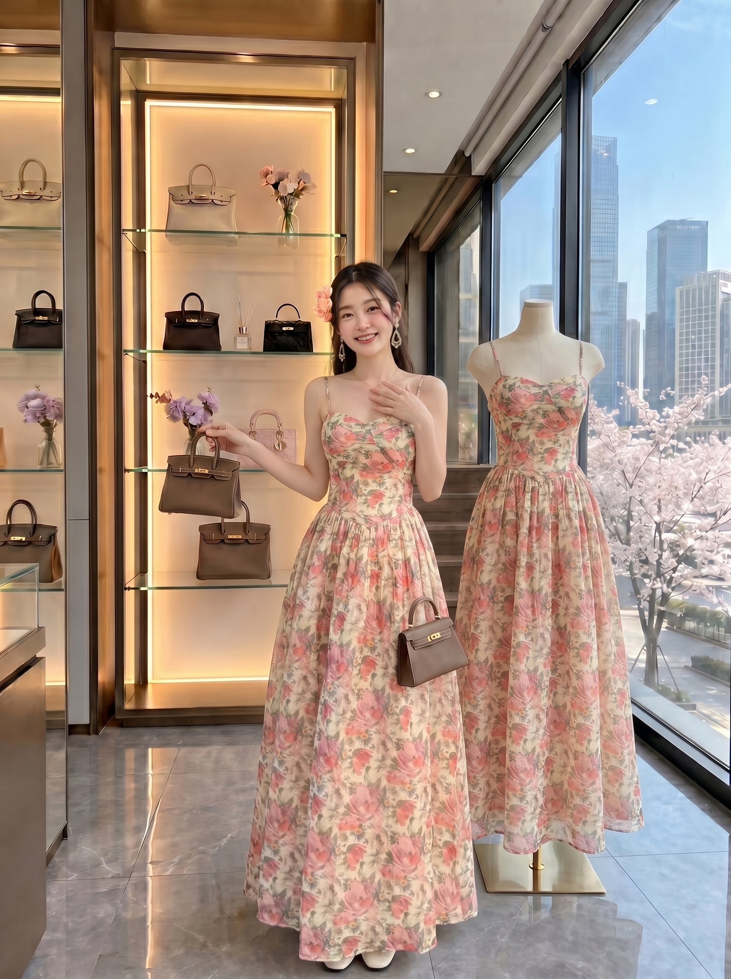 Floral Chiffon Cami Maxi Dress with Corset Waist