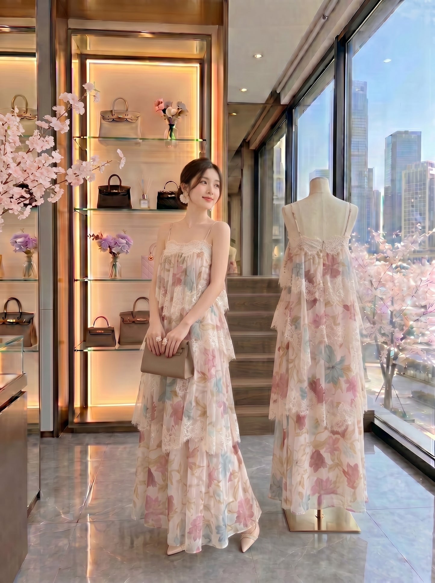 Floral Chiffon Tiered Maxi Dress with Lace Trim