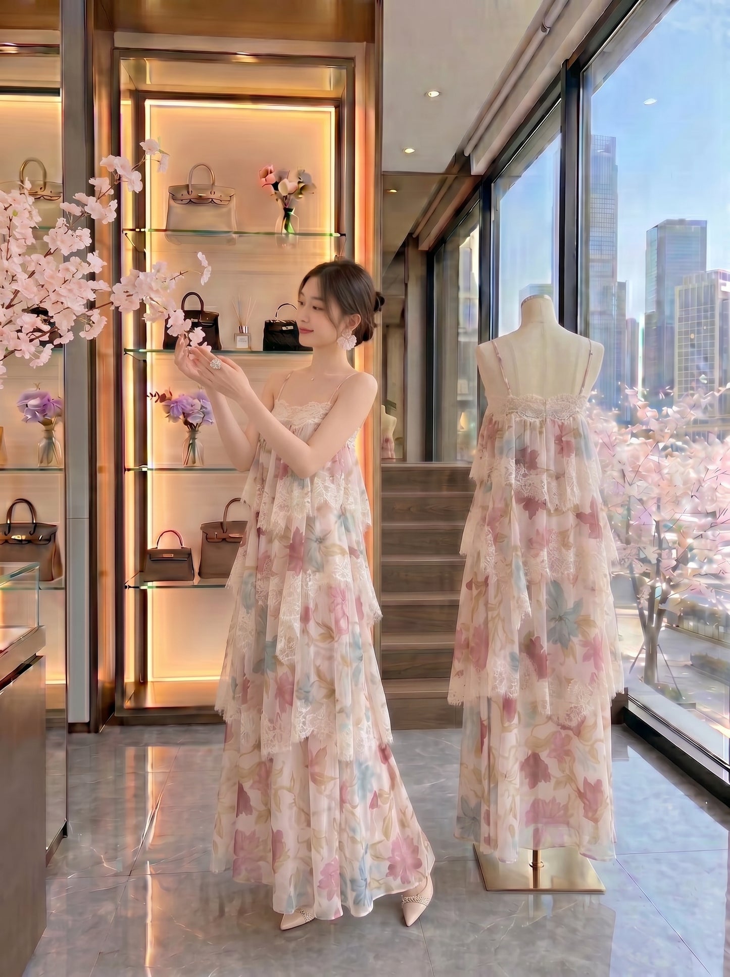 Floral Chiffon Tiered Maxi Dress with Lace Trim