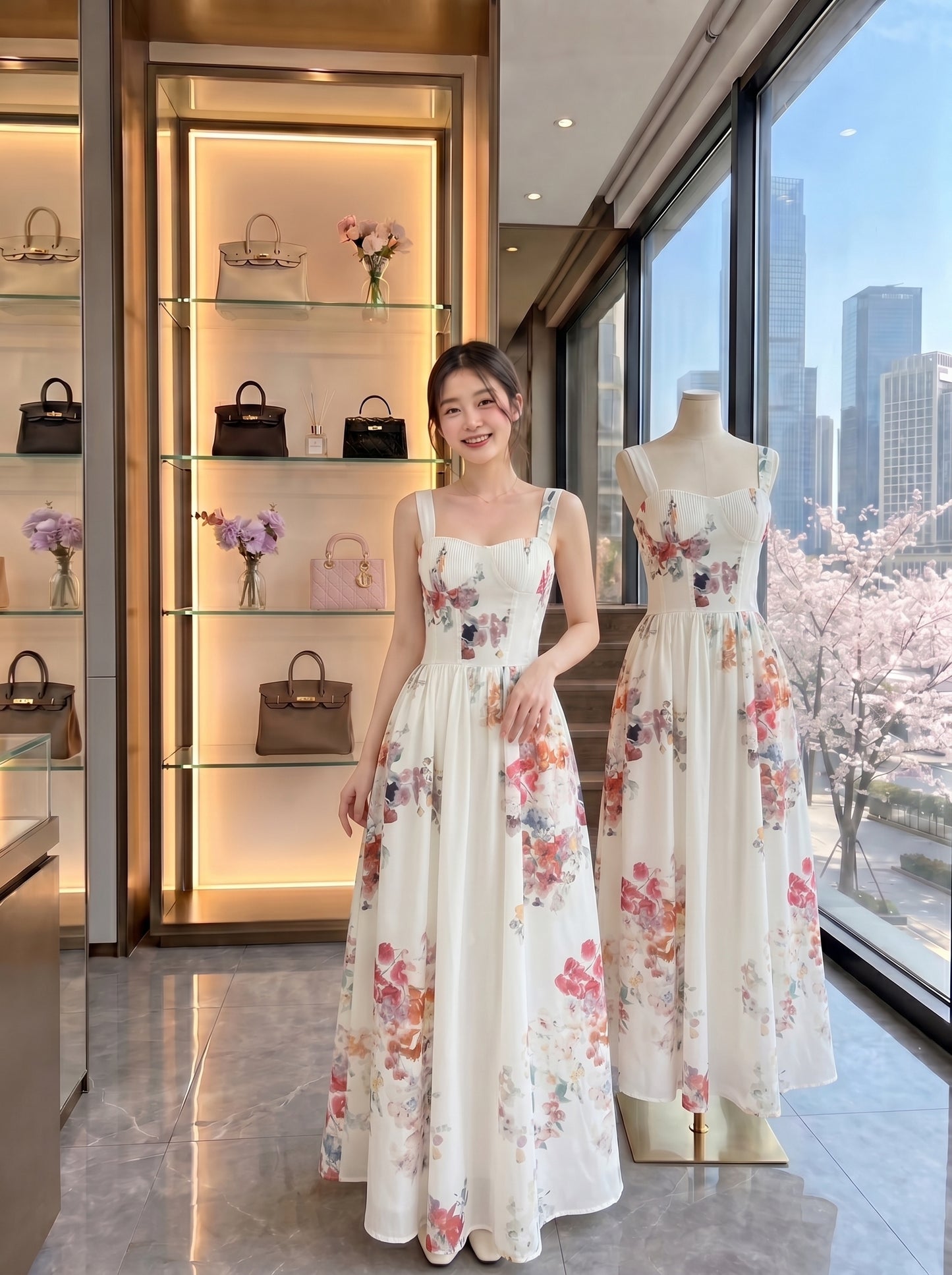 Floral Corset Bustier Maxi Dress – White Floral Garden Party Sundress
