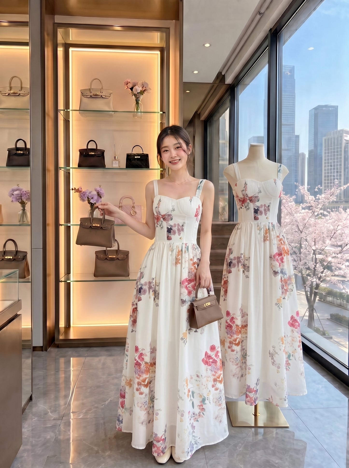 Floral Corset Bustier Maxi Dress – White Floral Garden Party Sundress