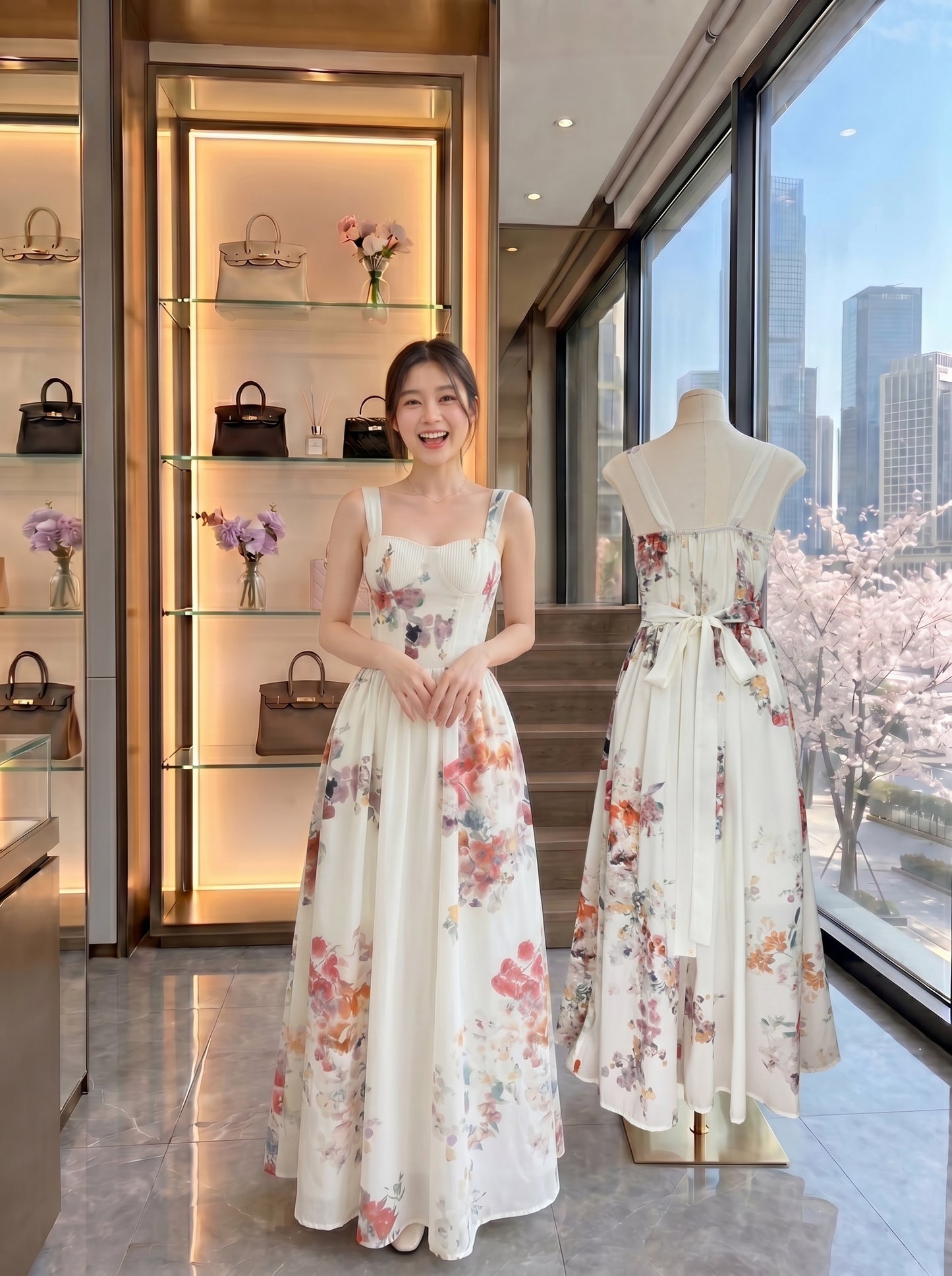Floral Corset Bustier Maxi Dress – White Floral Garden Party Sundress