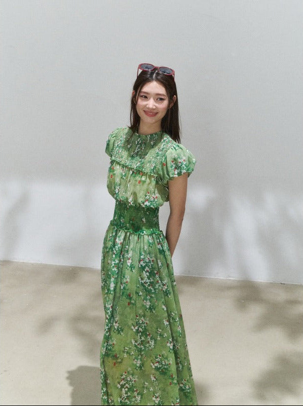 Green Floral Mock Neck Smocked Maxi Dress