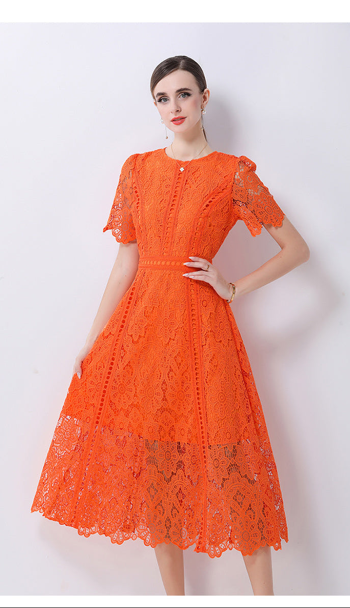 Floral Guipure Lace Short Sleeve Midi Dress