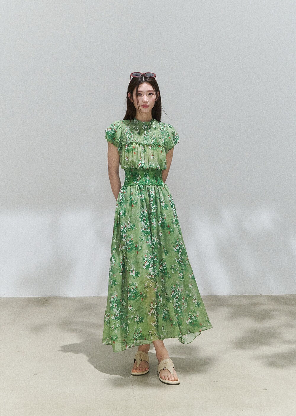 Green Floral Mock Neck Smocked Maxi Dress
