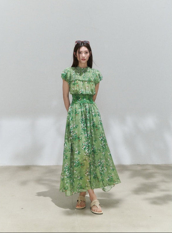 Green Floral Mock Neck Smocked Maxi Dress