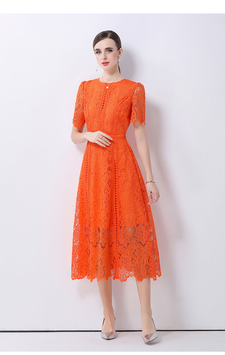 Floral Guipure Lace Short Sleeve Midi Dress