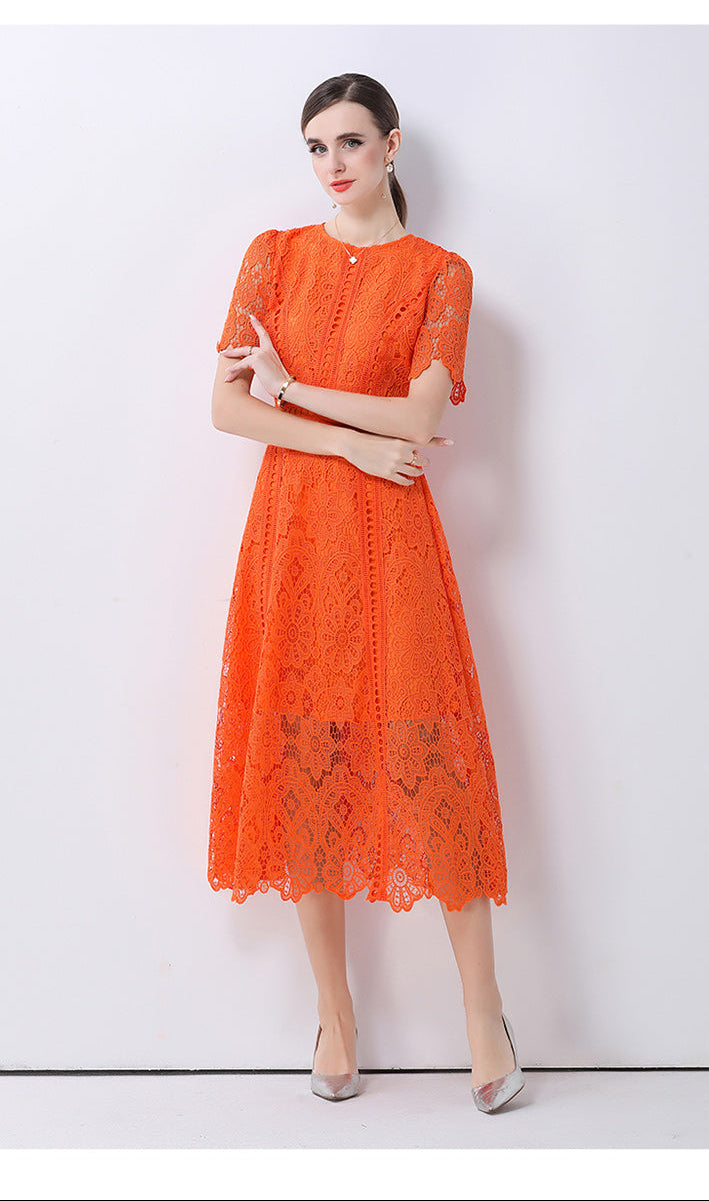 Floral Guipure Lace Short Sleeve Midi Dress