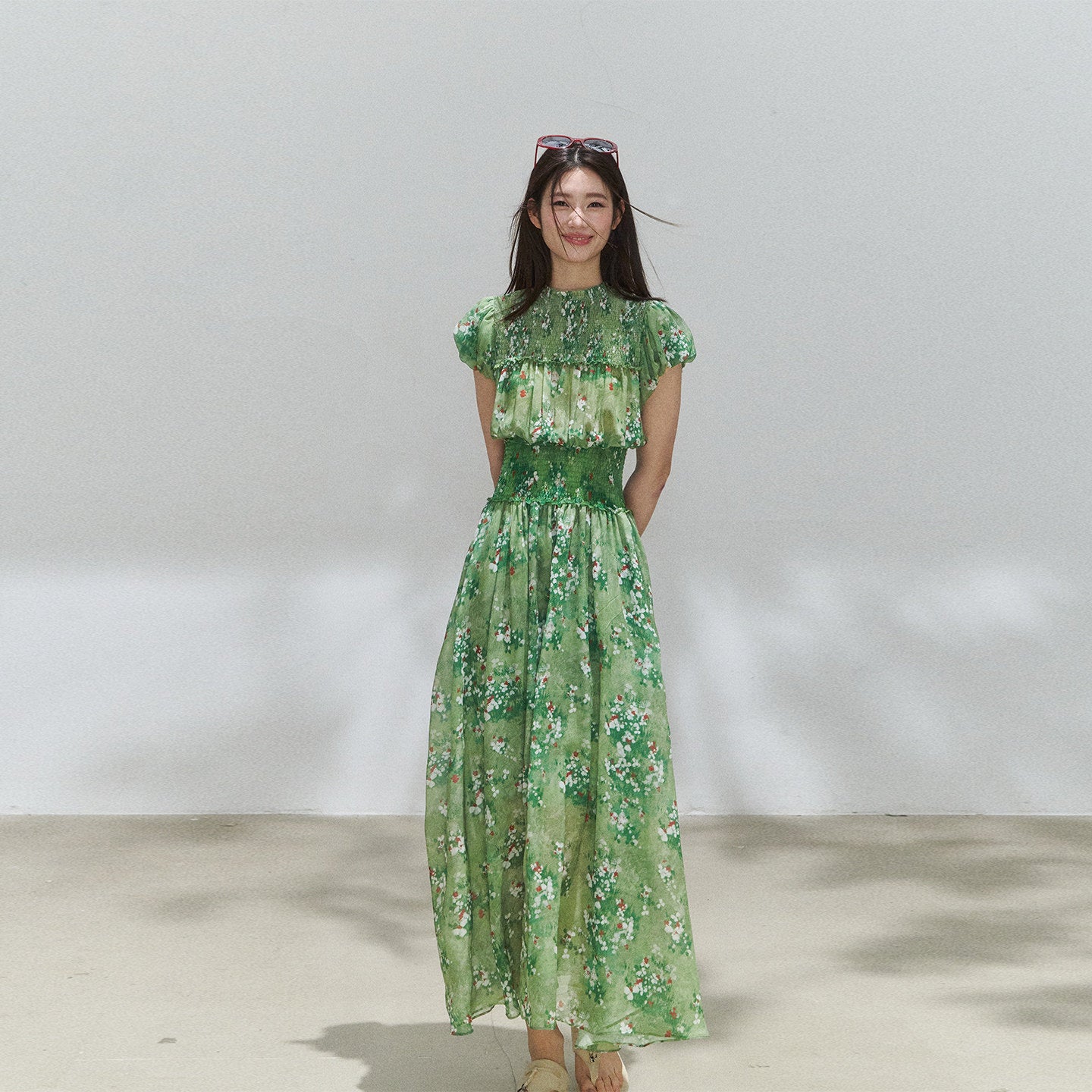 Green Floral Mock Neck Smocked Maxi Dress
