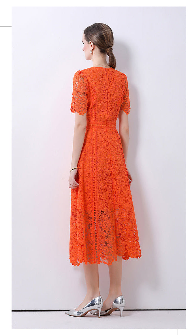 Floral Guipure Lace Short Sleeve Midi Dress