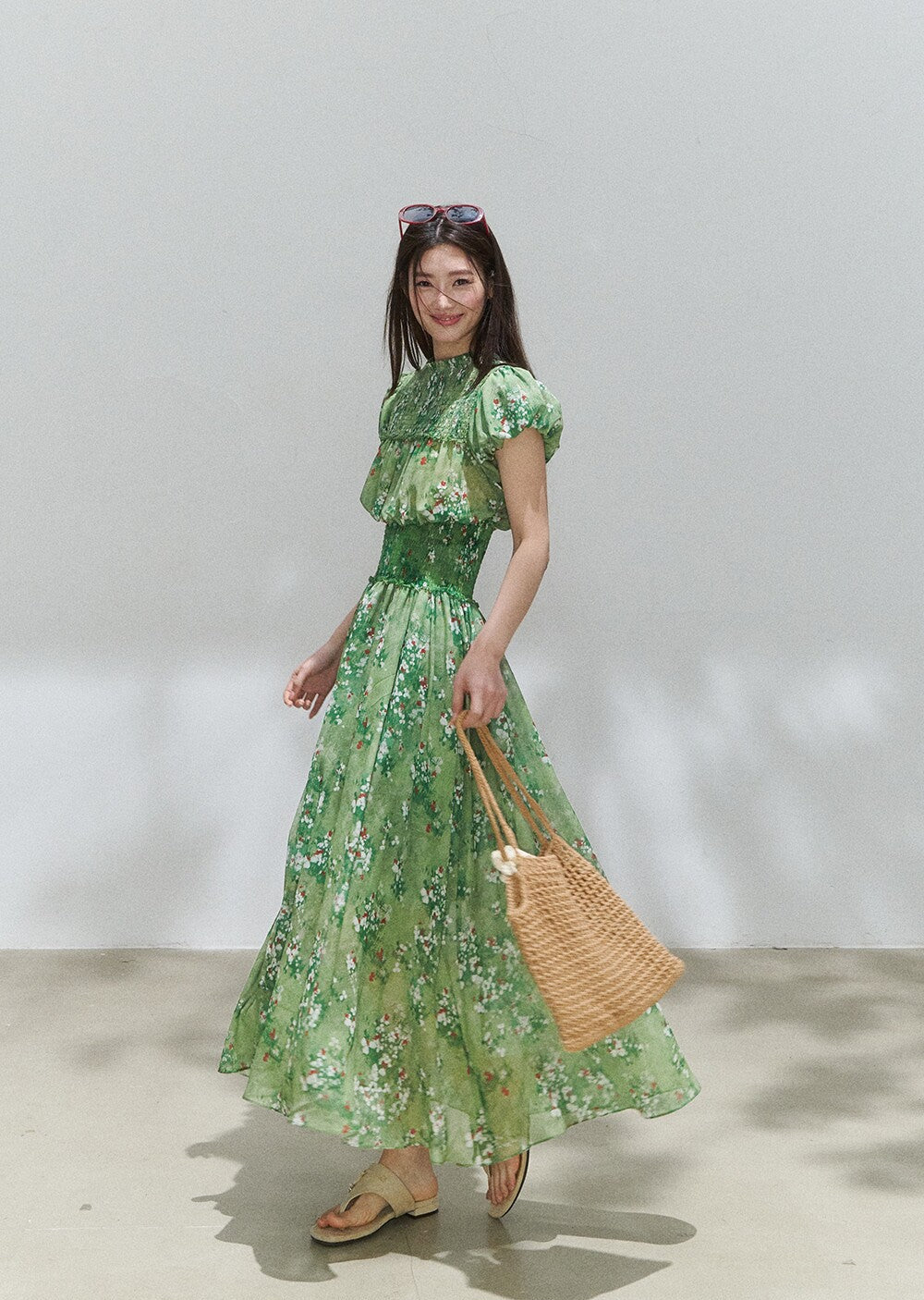 Green Floral Mock Neck Smocked Maxi Dress