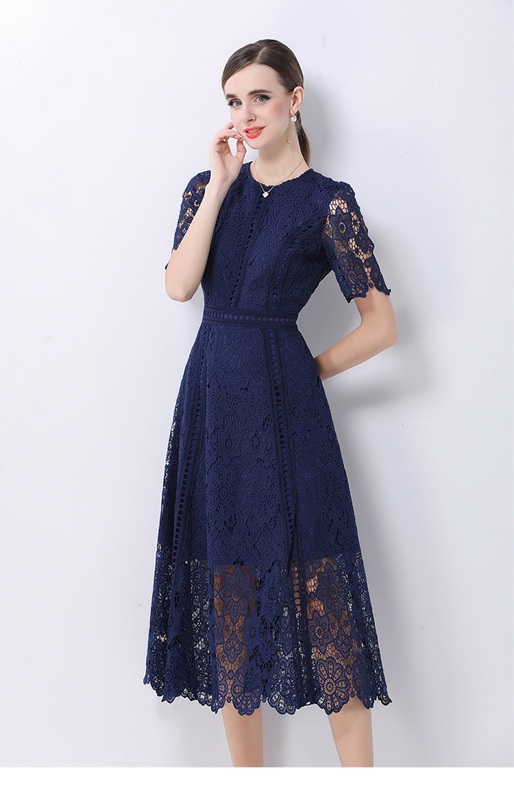 Floral Guipure Lace Short Sleeve Midi Dress
