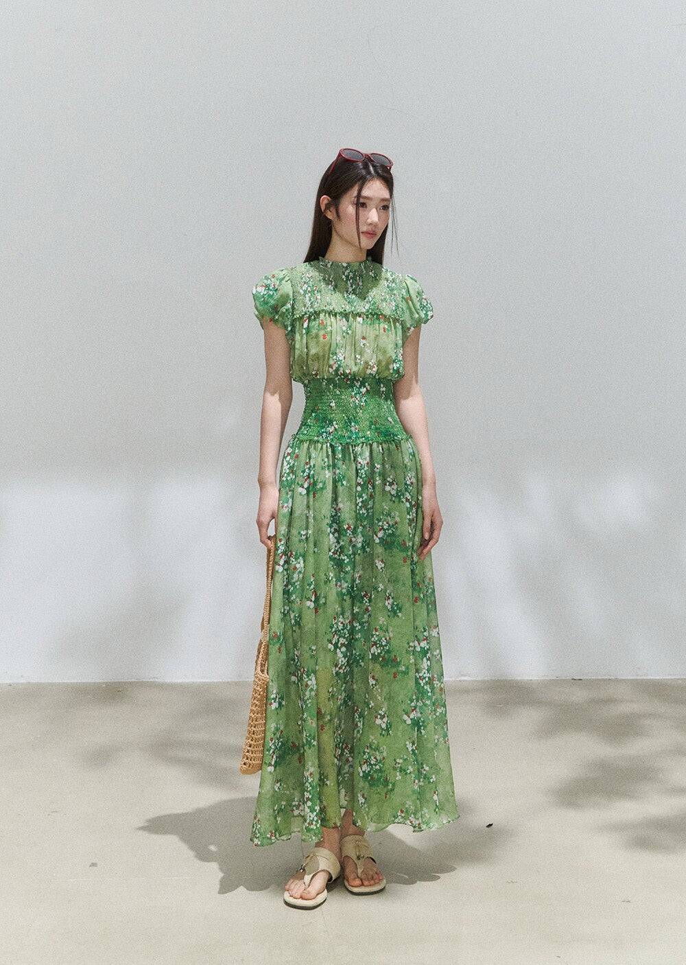 Green Floral Mock Neck Smocked Maxi Dress