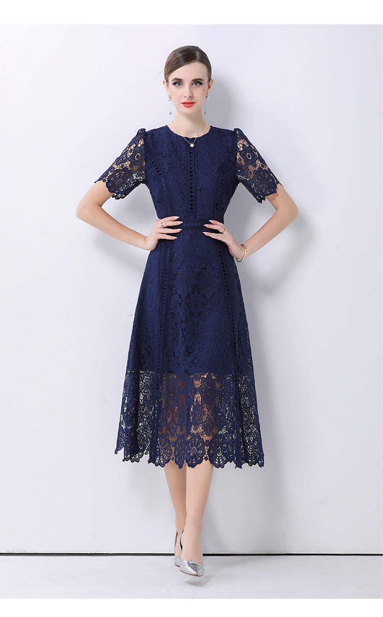 Floral Guipure Lace Short Sleeve Midi Dress