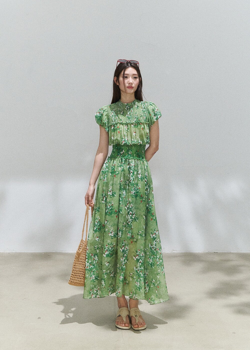 Green Floral Mock Neck Smocked Maxi Dress