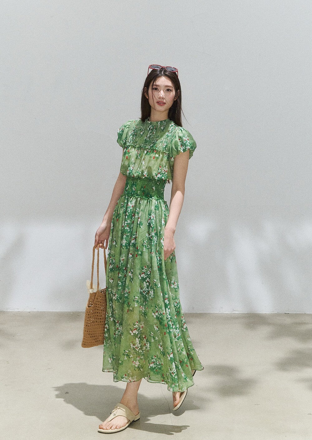 Green Floral Mock Neck Smocked Maxi Dress
