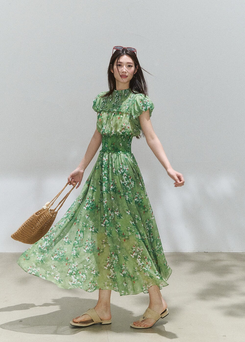 Green Floral Mock Neck Smocked Maxi Dress
