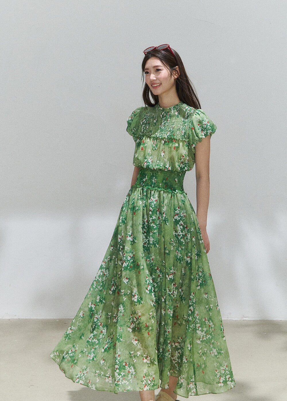 Green Floral Mock Neck Smocked Maxi Dress