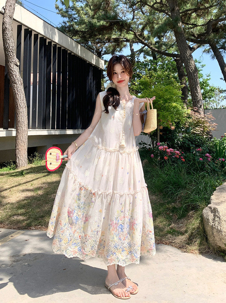 Floral Embroidered Eyelet Maxi Dress-Sleeveless Boho Tiered Sundress