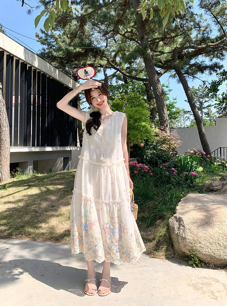 Floral Embroidered Eyelet Maxi Dress-Sleeveless Boho Tiered Sundress