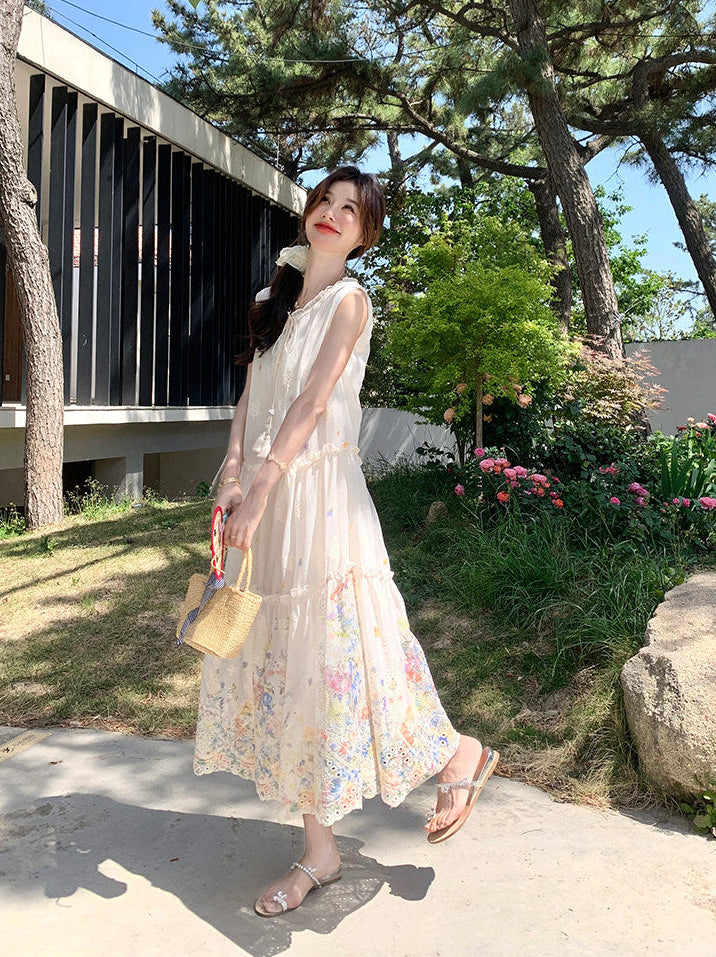 Floral Embroidered Eyelet Maxi Dress-Sleeveless Boho Tiered Sundress