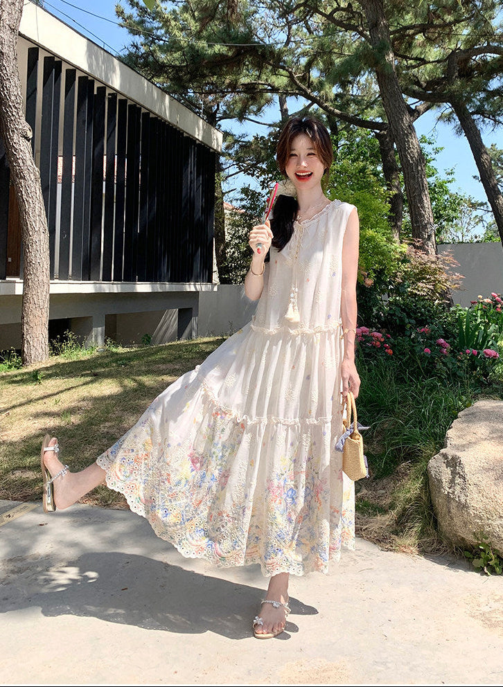 Floral Embroidered Eyelet Maxi Dress-Sleeveless Boho Tiered Sundress