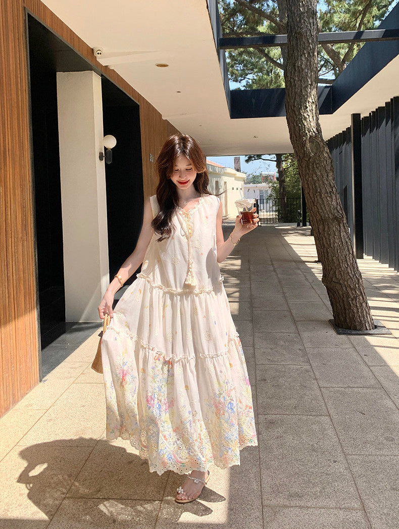 Floral Embroidered Eyelet Maxi Dress-Sleeveless Boho Tiered Sundress